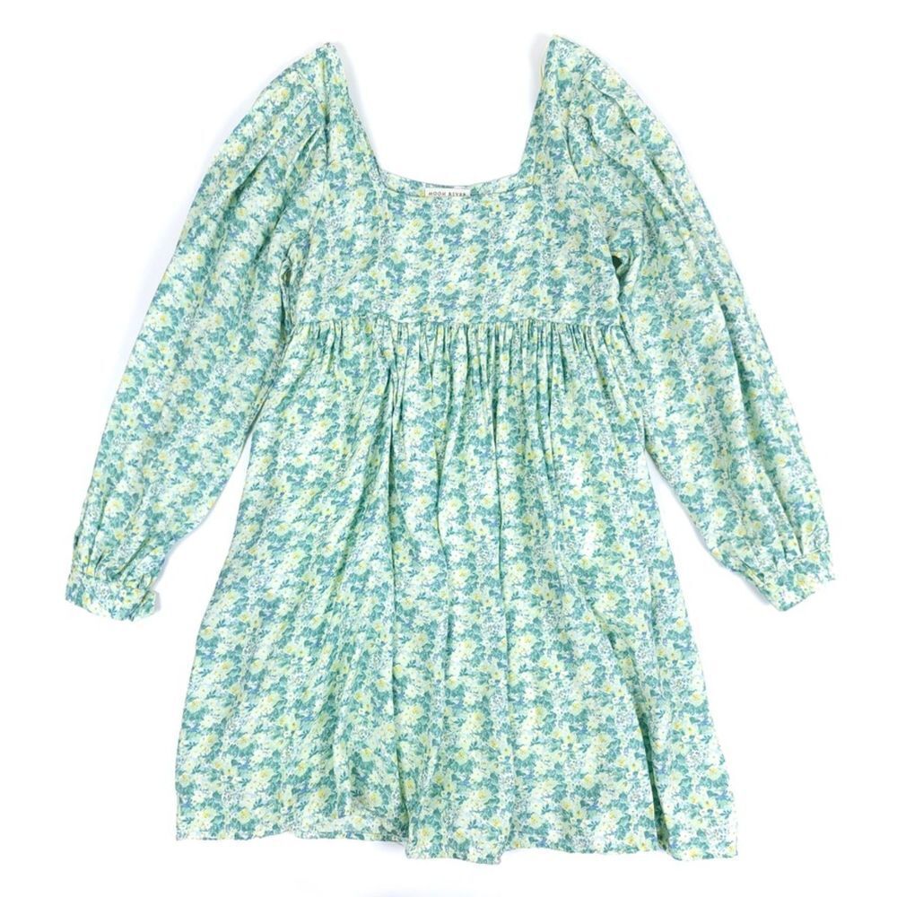 MOON RIVER Puff Sleeve Square Nekc Cottagecore Babydoll Mini Dress Sage Floral